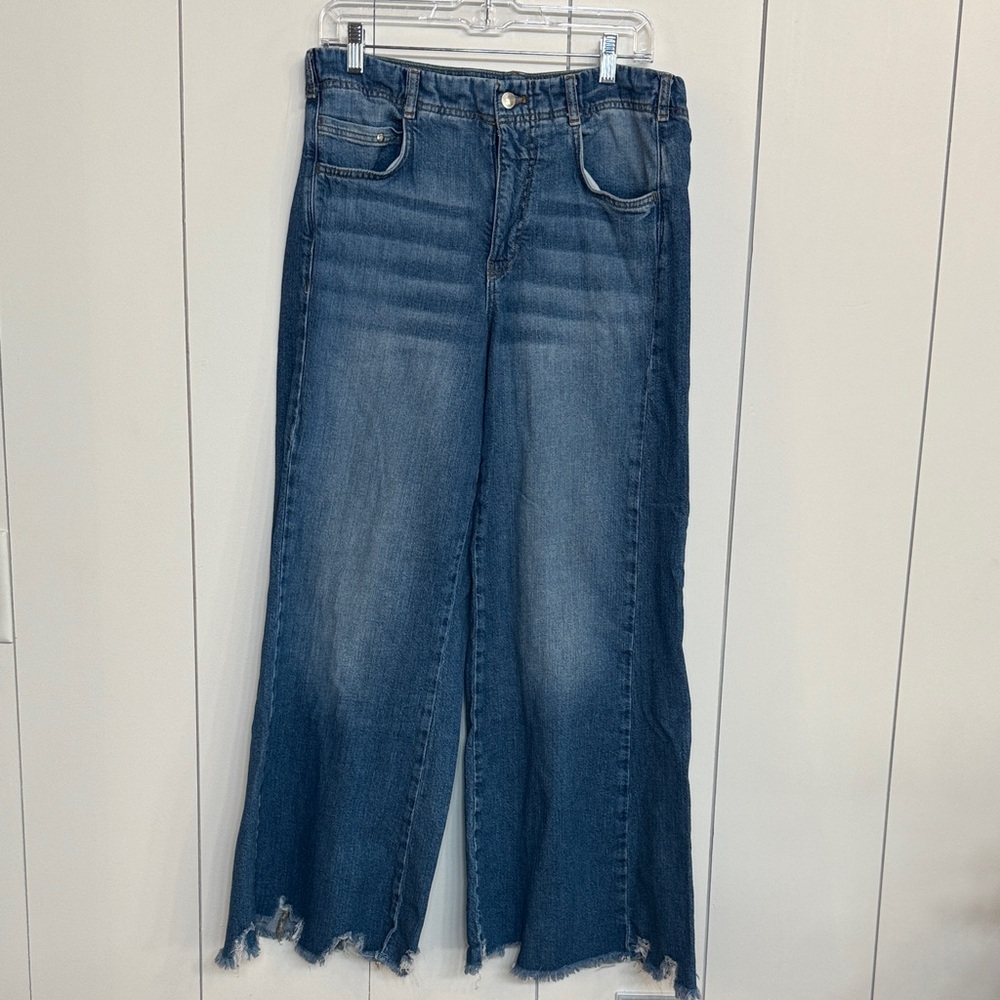 Pilcro (Anthropologie) Dark Blue Wide Leg Jeans with Frayed Hem